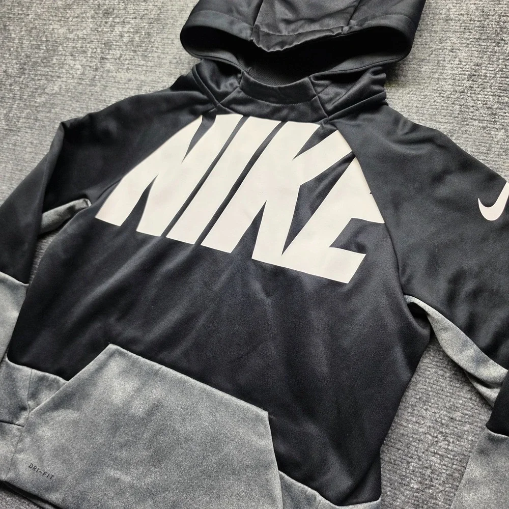 Nike Dri FIT Hoodie Youth Large L Black Grey Big Logo Spellout Pullover